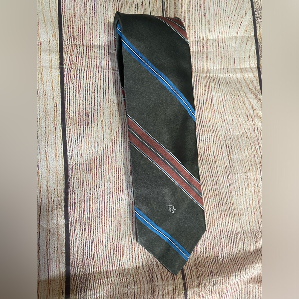 Christian Dior Vintage Men’s Tie Necktie Made in USA Gray Blue Striped Logo